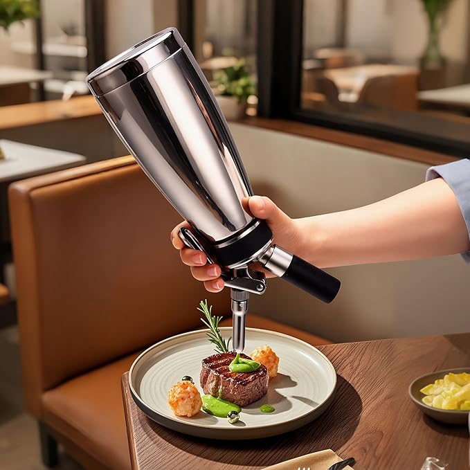 Whipped Cream Dispenser Stainless Steel Keep Warm and Cold,500mL/1 Pint Double Wall Thermos Whipped Cream Maker,5 Various Stainless Decorating Nozzles,1 Cleaning Brush,N2O Chargers NOT Included