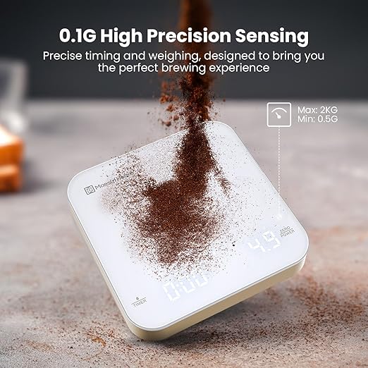 Maestri House Mini Coffee Scale with Timer, USB-C Rechargeable Espresso Scale, 2kg/0.1g Accurate Scale for Espresso and Pour-Over Coffee, Portable Digital Kitchen Scale with Auto Timer (White & Gold)