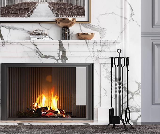 Fire Beauty 5 Pieces Fireplace Tools Sets Fireplace Accessories Tools Holder with Handles Tools for Indoor Fireplace Decor Outdoor Fire Pit Modern Tool(Sanded Black)