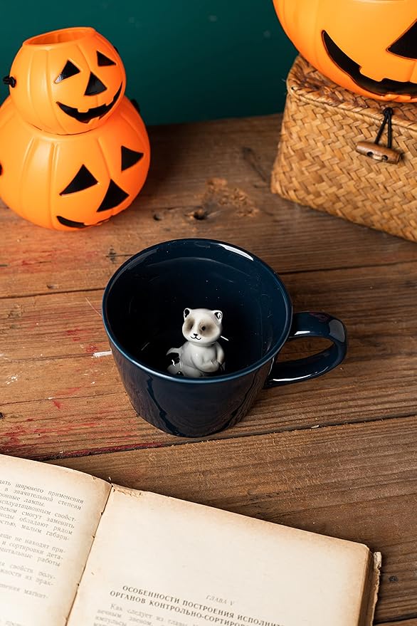 DIHOclub Racoon Ceramic Cup Hidden 3D Animal Inside Mug,Cute Cartoon Handmade Figurine Mugs,Holiday and Birthday Gift for Coffee Milk Tea Lovers,12 OZ(Dark Blue)