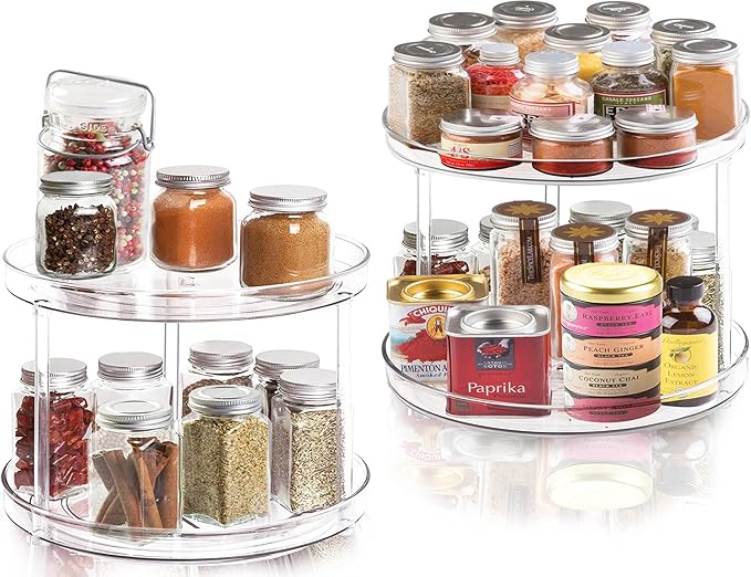 2 Tier Lazy Susan Bathroom Organizer, 9.25Inch Clear 360 Rotating Makeup Organizer for Vanity, Skincare Organizers Perfume Organizer, Spice Rack Organizer for Cabinet- Home Organization and Storage