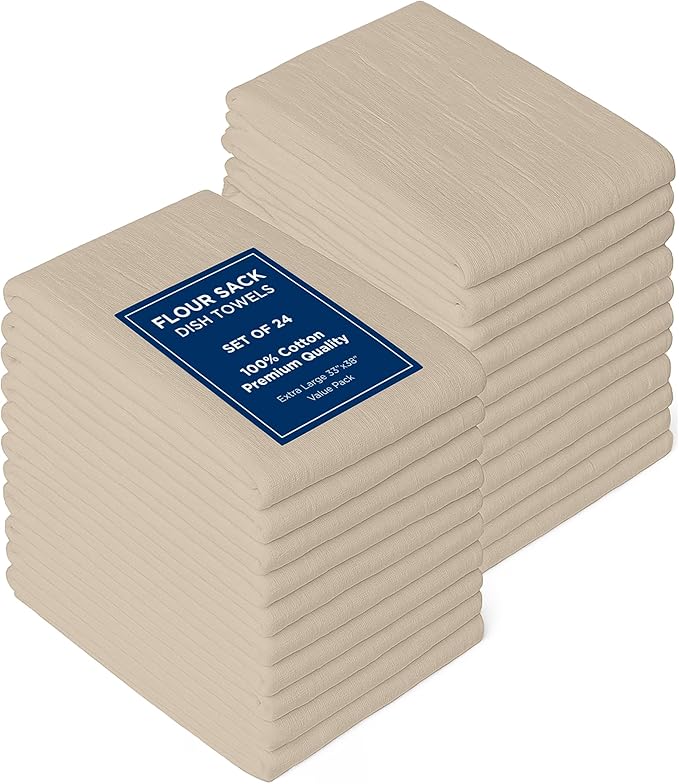 ROYALE LINENS Flour Sack Towels – 24 Pack 33x38 Inch Natural Kitchen Dish Towels – 100% Cotton Tea Towels for Bread Proofing, Cheese Straining, Baking, Cleaning, Drying, Embroidery, Multipurpose Use
