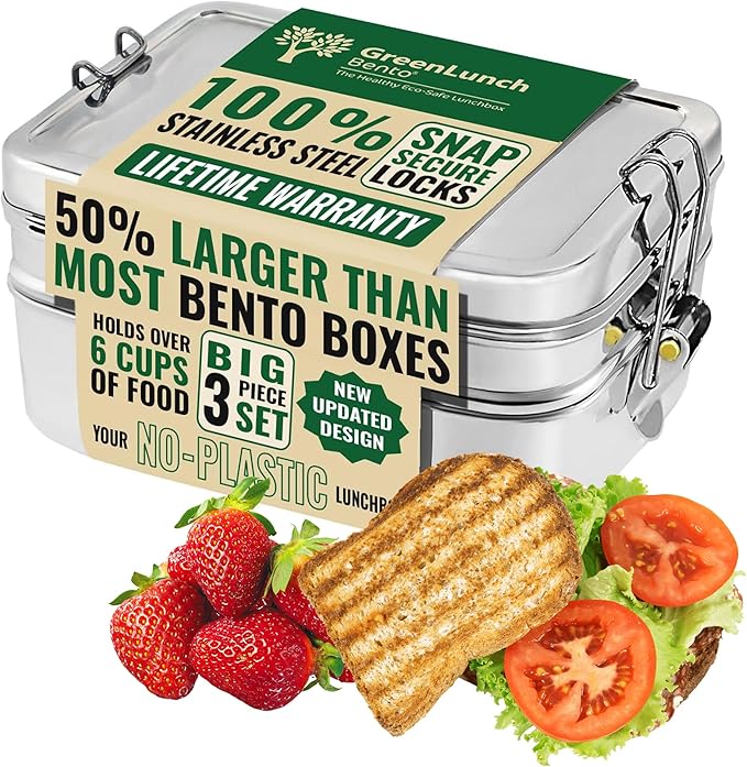 Stackable Stainless Steel Bento Box for Adults with Snack Pod - 6 Cup Capacity, Crack-Resistant, Secure Locks, Secure Locks, Eco-Friendly Lunch Box Container for for Work, Office & Travel