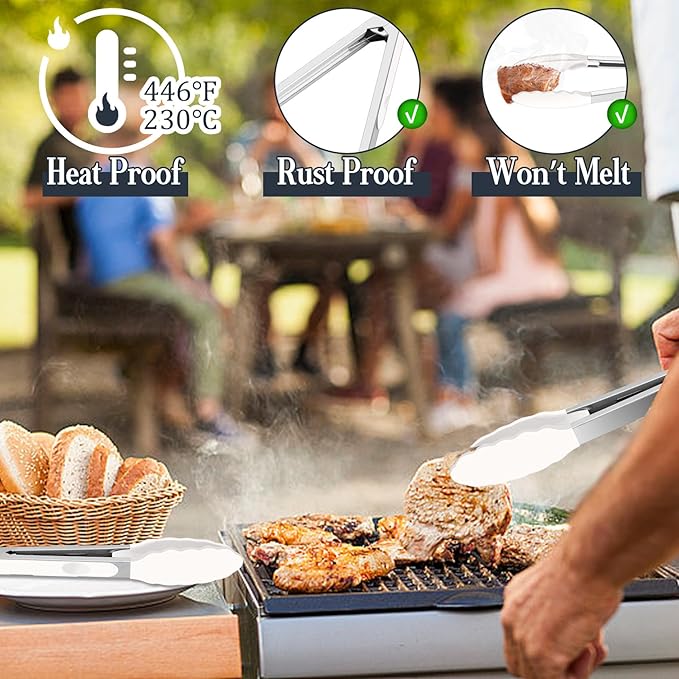 TeamFar Kitchen Tongs, 9" and 12" Stainless Steel Cooking Tongs with Silicone Tips for Cooking Grilling Serving & BBQ, Heat Resistant Silicone Tongs, Locking Design & Dishwasher Safe, Set of 2 & White
