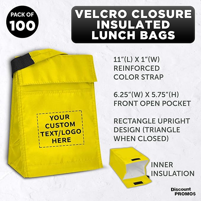 DISCOUNT PROMOS 100 Hook and Loop Insulated Lunch Bags Set - Customizable Text, Logo - Polyester, Durable, Vibrant, Reusable - Yellow