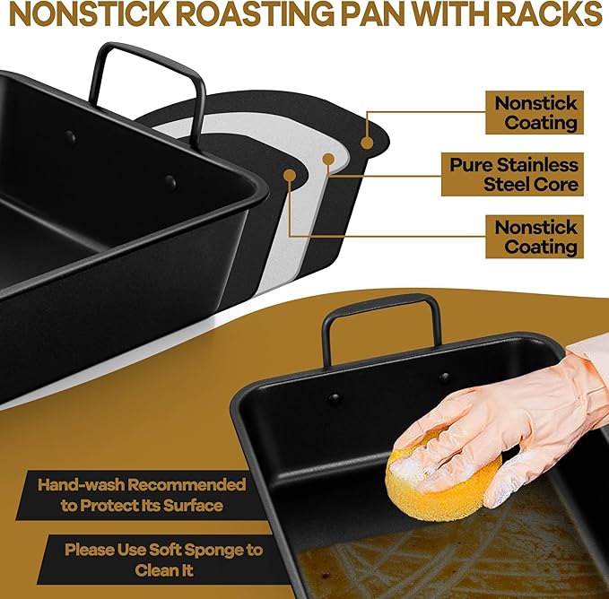 P&P CHEF 16" Roaster Roasting Pan with Baking Rack and V-shaped Rack, Stainless Steel Rectangular Lasagna Pan with Handles for Turkey Chicken, Healthy & Dishwasher Safe, 3 Pieces, Black