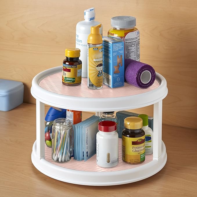 Copco Non-Skid 2 Tier Pantry Cabinet Lazy Susan Turntable, 12-Inch - Organize Kitchen, Bathroom, Home Office, Laundry Room, Garage, Craft Room - Kitchen Turntable & Pantry Organizer (White/Pink)