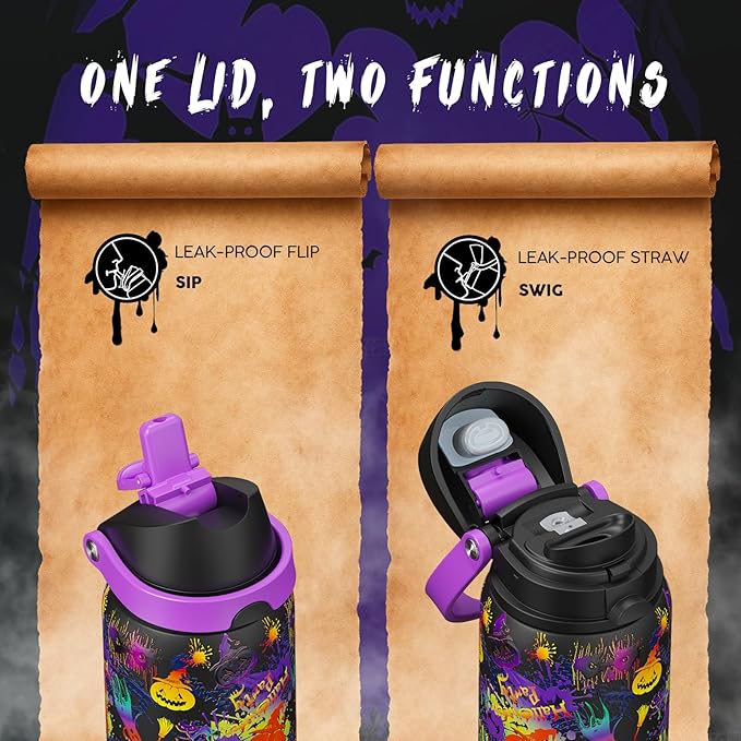 Halloween Insulated Water Bottle with Straw - Stainless Steel Water Bottle with Push Button Lid, Leak-Proof BPA-Free, Keeps Cold for 24 Hours for Halloween gifts, Party (32 oz, Ghost Party)