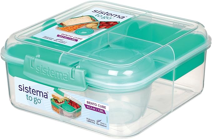 Sistema To Go Collection Bento Box Cube Plastic Lunch and Food Storage Container, 5.3 Cup, Multi-Compartment, Color Varies, BPA Free
