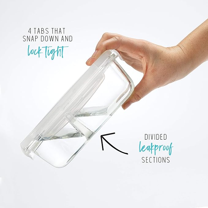 Fit & Fresh Divided, 5-Pack, Two Compartments, Set of 5 Containers with Locking Lids, Glass Storage, Meal Prep Containers with Airtight Seal, 27 oz.