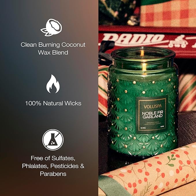 Voluspa Noble Fir Garland, Large Candle Jar, 18oz, Coconut Wax Blend, Christmas Scented Candles for Home, 100 Hour Burn Time, Poured in the USA