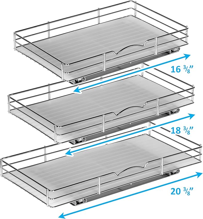 Pull Out Cabinet Organizer for Spices, Cans - Heavy Duty with Lifetime Limited Warranty- Pull Out Spice Rack- Cabinet Pull Out Shelf for Cans,Dishes, Etc, 20-3/8"Wx 10-1/2"D x 2-3/4” H, Chrome
