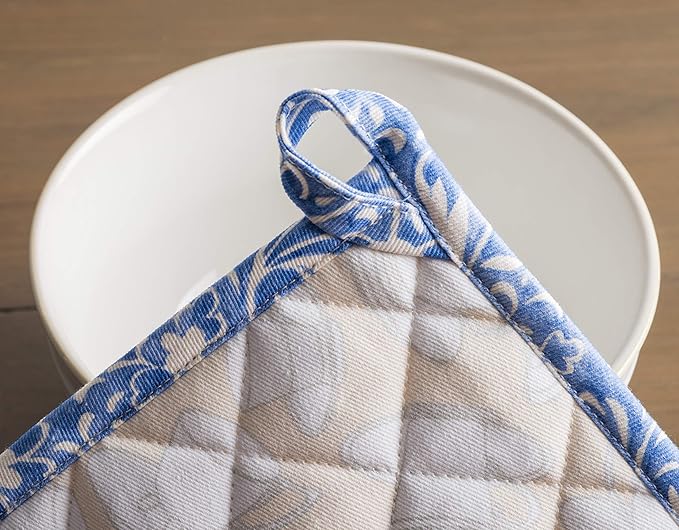 Maison d' Hermine 100% Cotton Oven Mitt & Pot Holder Set (7.5"x13" & 8"x8") Heat Resistant BBQ Cooking Gloves with Loop, Baking, Grilling, Kitchen, Handling Hot Pans Spring/Summer (Canton)
