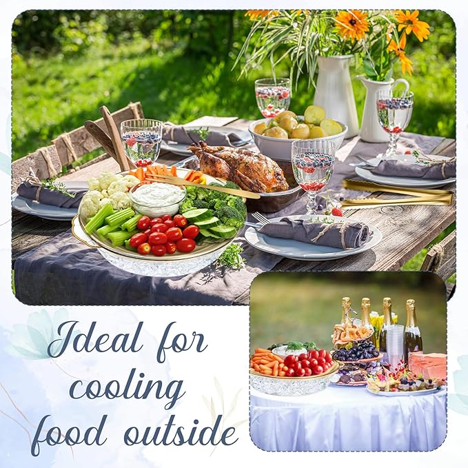Baderke 4 Sets 11.8" Chilled Serving Tray for Parties Round Iced Platter with Ice Underneath Stainless Steel Clip Fruit Fork Shrimp Cocktail Serving Dish for Oysters Crawfish Fruits (Gold)