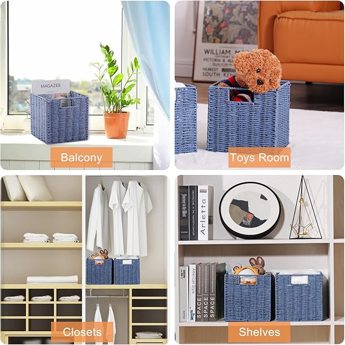 Vagusicc Wicker Basket, Set of 2 Hand-Woven Paper Rope Storage Baskets for Organizing, Foldable Cubby Storage Bins, 9 Inch Small Wicker Storage Basket, Square Baskets Cube Storage Organizer Bins, Blue