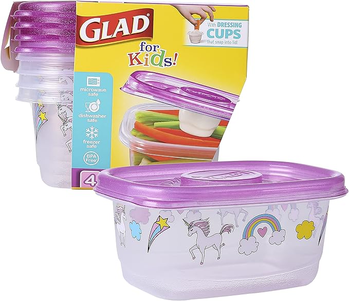 Glad for Kids GladWare Snack Containers with Unicorn Design | BPA-Free Plastic Food Storage, 24oz 4 Count with Dressing Cups | Microwave & Dishwasher Safe, Pink, Plastic