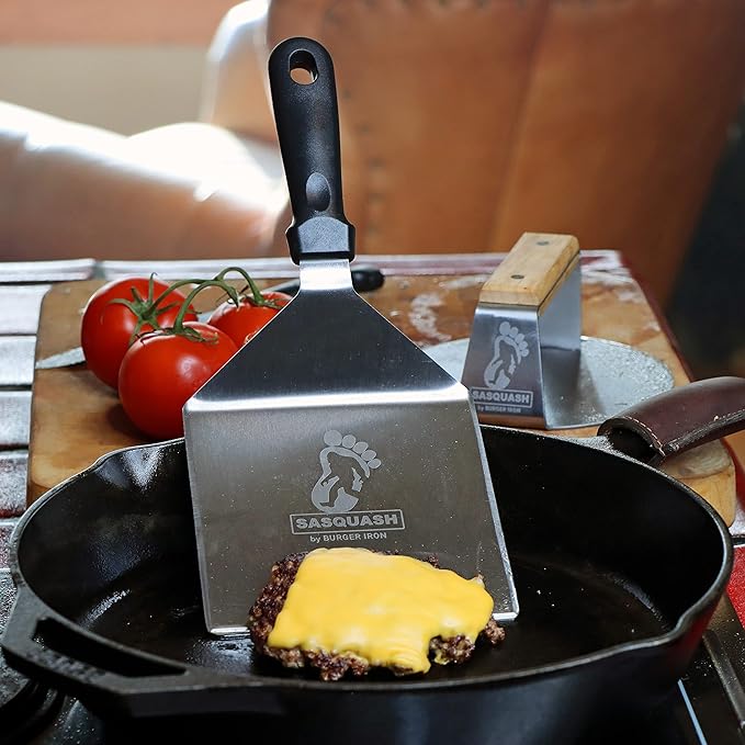 The Sasquash - Mammoth Smash Burger Spatula - Professional Grade Extra Wide Hamburger Turner - Heavy Duty 6 x 5.5 Inch, One Pound Knife Grade Stainless Steel, Blackstone BBQ Griddle and Grill Tool