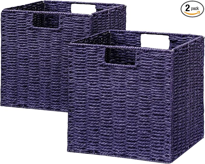 Vagusicc Wicker Storage Basket, Set of 2 Hand-Woven Paper Rope Wicker Basket, Foldable Cube Storage Bins, 9 inch Square Storage Baskets for Organizing Shelves & Decor, Purple (9″×9″×9″)