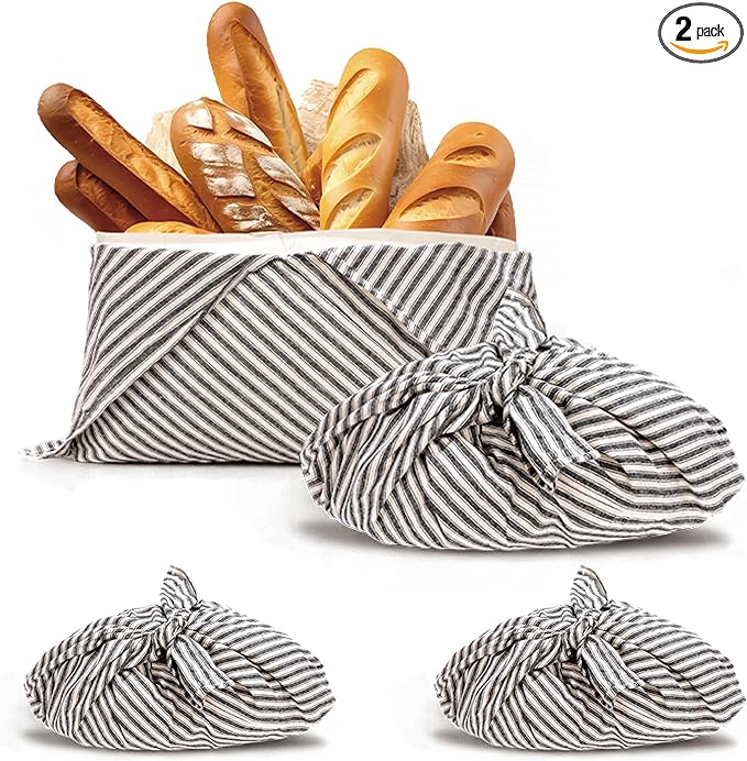 yeload 2 Pack Beeswax Bread Bags, Striped Linen Bento Bags, 14" Cotton Loaf Bag, Reusable Organic Food Storage, Sourdough Bag, Rustic Farmhouse Azuma Bukuro Origami Wrap for Baked Gifts (Black, 2)