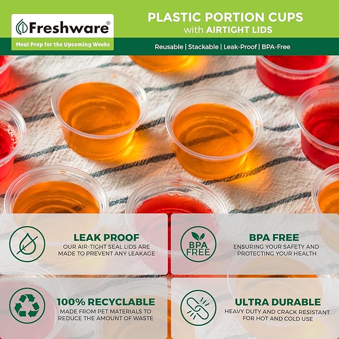 Freshware Plastic Portion Cups with Lids [3.25 Ounce, 100 Sets] Disposable Plastic Cups for Meal Prep, Salad Dressing, Jellos Shot Cups, Souffle Cups, Condiment and Dipping Sauce Cups