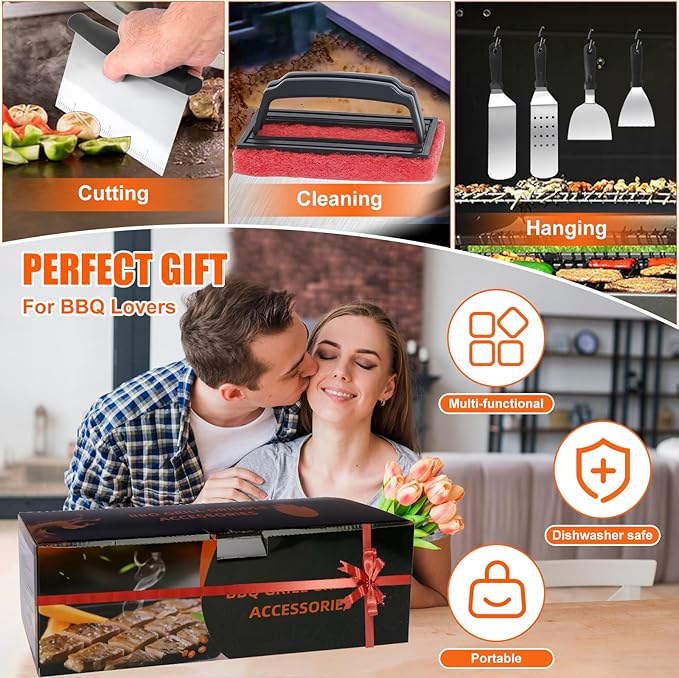 27PCS Griddle Accessories Grill Tools Kit Flat Top Grill Utensils Set, Birthday Gifts for Dad Outdoor Grilling Camping BBQ for Men with Stainless Steel Spatula, Burger Press