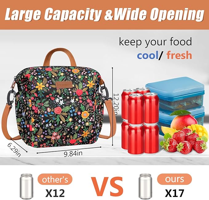 Joymee Lunch Bag Women Insulated Lunch Box Reusable Leakproof Large Spacious Cooler Tote for Women Men Adult with Bottle Holder and Side Pockets for Work Office Travel Picnic -08 Multi-Floral