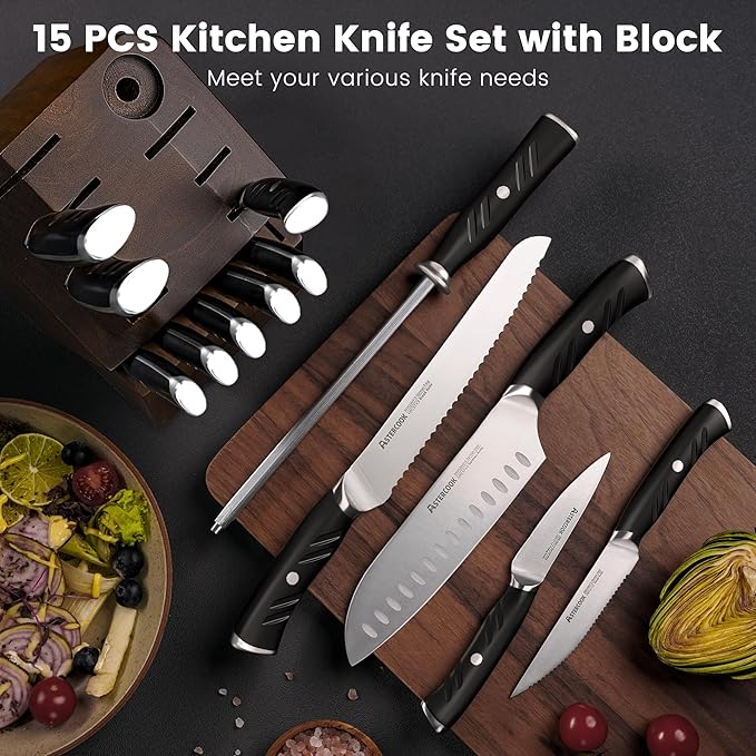 Astercook Kitchen Knife Set, 15 Piece Knife Block Sets with German 1.4116 Steel Sharper and Rust Proof, Full Tang Knives Set with Ergonomic Nylon Handle, Dishwasher Safe Black