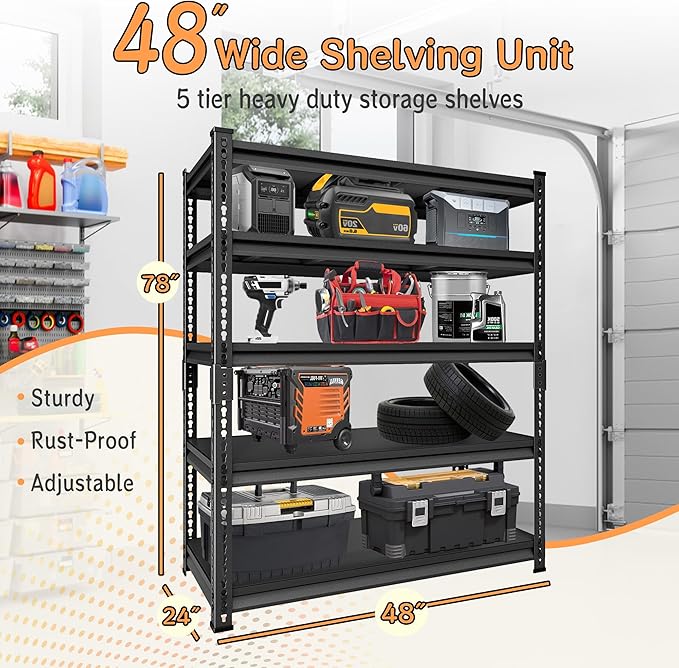 Adjustable Shelving Units and Storage, 48”W Garage Shelving Heavy Duty,2800LBS Loads 5-Tier Garage Storage Shelves, Metal Shelves for Living Room,Pantry,48”W×24”D×78”W,Black