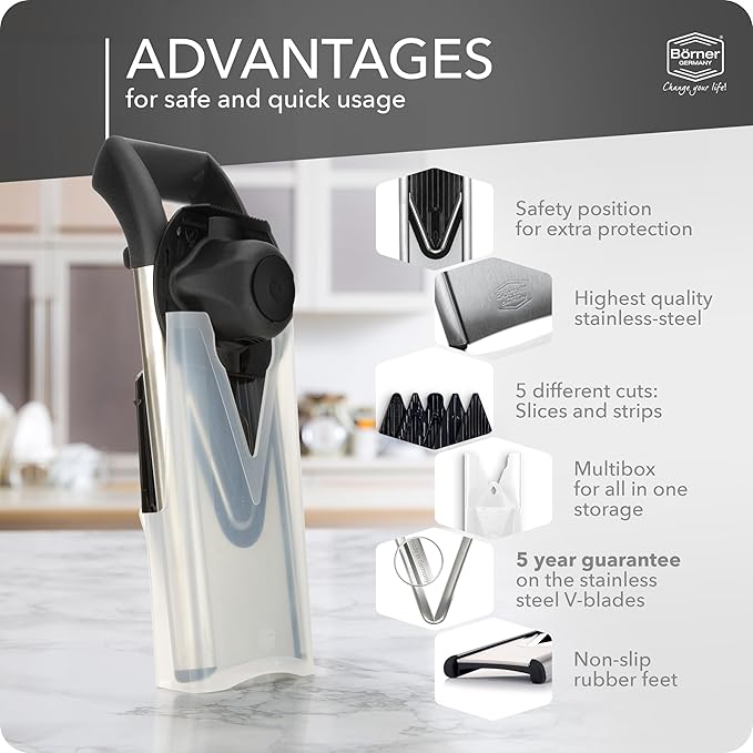 Borner V6 Exclusive Line V-Mandoline Slicer 8-in-1 Pro-Set, Stainless Steel Vegetable Cutter with Safety Insert, Slice Insert, 2 Blade Inserts