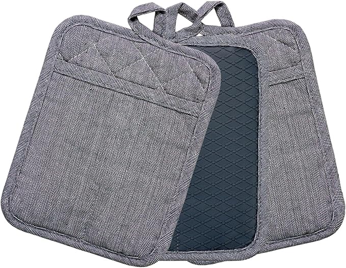 Pot Holders Yarn-Dyed Set of 3 Non Slip Silicone Kitchen Lines Heat Resistant 500℉ Kitchen Gloves BBQ Cooking Baking Women Men Cooking Barbecue Microwave Machine Washable (Gray Potholders)