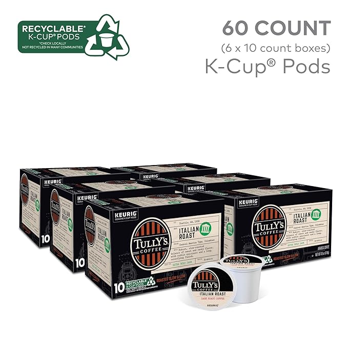 Tully's Coffee Italian Roast, Keurig Single-Serve K-Cup Pods, Dark Roast Coffee, 60 Count (6 Packs of 10)