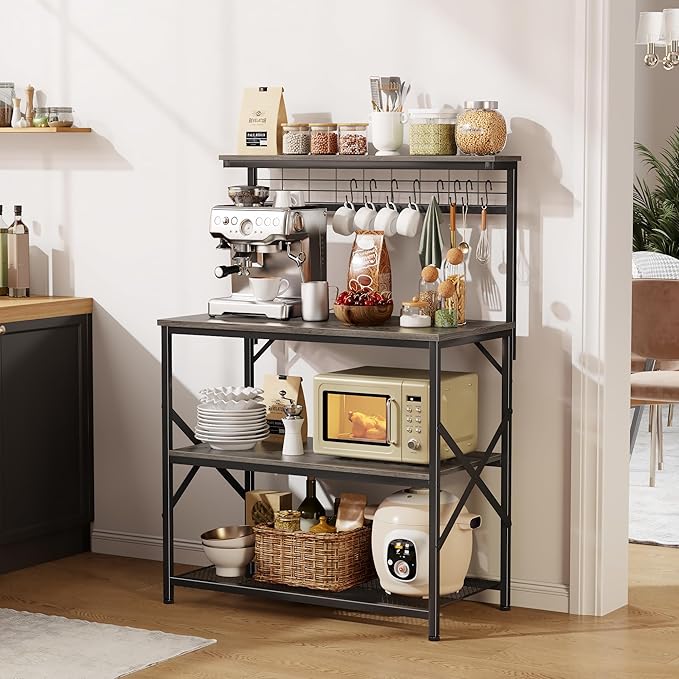 Furologee Kitchen Bakers Rack with Hutch,Coffee Stand with Storage 4 Tiers,Coffee Bar Station with a 31.5 Inch Larger Desktop and 8 S Hooks,Kitchen Microwave Rack for Spices,Pots,Rustic Brown