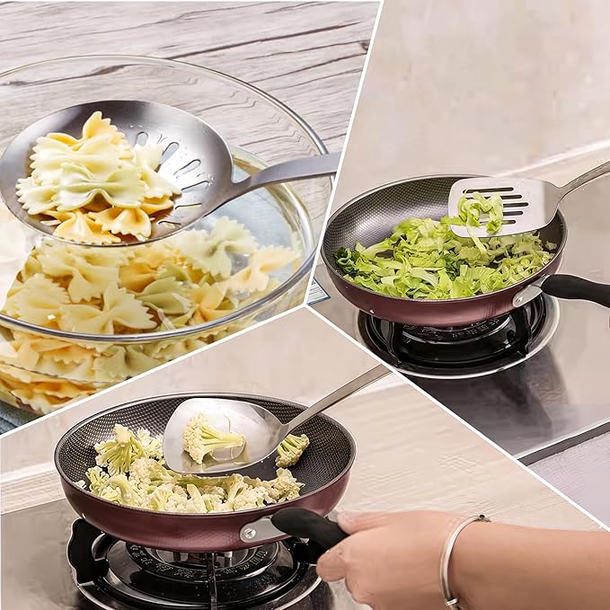 FJNATINH Cooking Utensils - Spatula, Ladle, Skimmer Spoon, Slotted Spatula - 4 Pieces Stainless Steel Wok Utensils Set for Carbon Steel