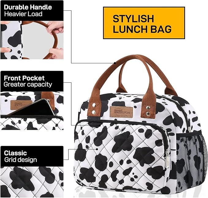 HOMESPON Buringer Lunch Bag for Woman Man Adults with Front Pocket Insulated Lunch Tote Lunch Box Container for Work Picnic or Travel (Cow Side Pockets)