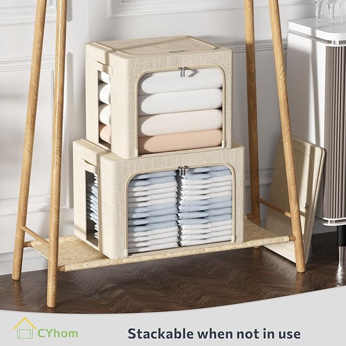 CYhom Clothes Storage Bins Box - Linen Fabric Foldable Stackable Container Organizer Set with Clear Window & Carry Handles & Metal Frame - 2Pack Large Capacity for Bedding, Blankets, Books