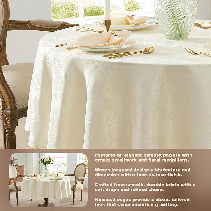 Newbridge Barcelona Luxury Damask Fabric Tablecloth, 70” Round, Antique White, 100% Polyester, No Iron, Soil Resistant Dining Room, Party and Banquet Table Cover