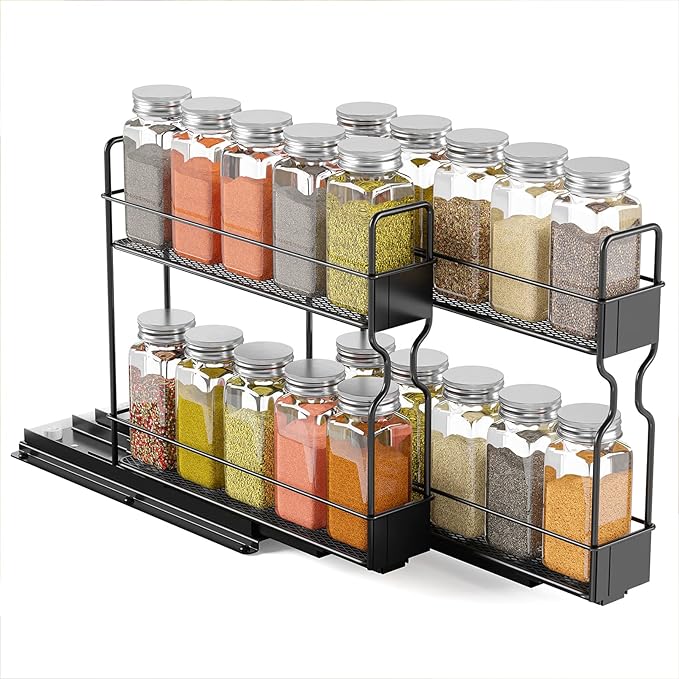 SpaceAid Pull Out Spice Rack Organizer with 20 Jars for Cabinet, Slide Out Seasoning Kitchen Organizer, Cabinet Organizer, with Labels, 5.2" W x10.75 D x10 H, 2 Drawers 2-Tier