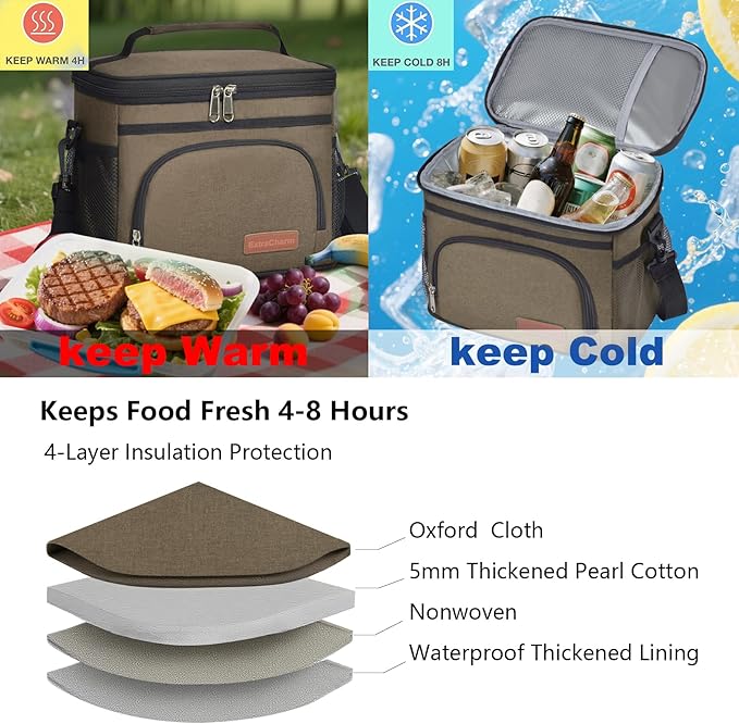 ExtraCharm Insulated Lunch Bag for Women/Men - Reusable Lunch Box for Office Picnic Hiking Beach - Leakproof Cooler Tote Bag Organizer with Adjustable Shoulder Strap for Adults - Dark yellow