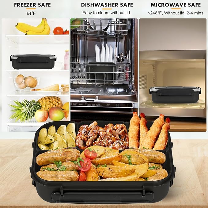 Bento Box Adult Lunch Containers, 5 Cup Box with 4 Compartments &Spork &Sauce Box, Leak-Proof, Microwave/Dishwasher Safe(Black)