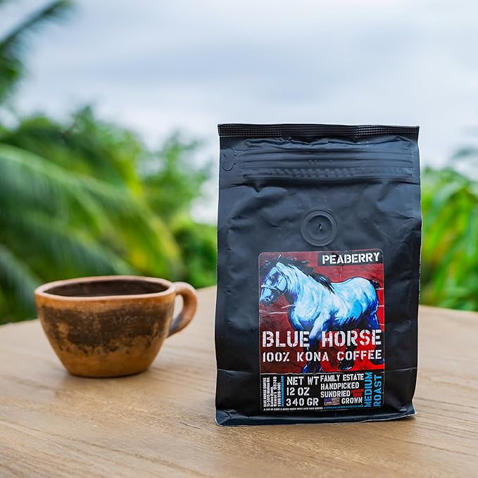 Blue Horse 100% Kona Coffee Peaberry, Medium Roast, Arabica Whole Beans, 12 oz Bag, Farm Fresh, Authentic Hawaiian Coffee from the Big Island