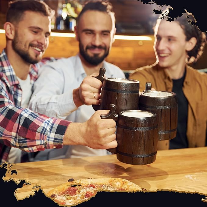 Set of 6 Beer Mug 20 OZ - Tankard Mug - Beer stein - Wooden beer mug - Stainless Steel Cup - Handmade Gifts for Men - Fathers Day, Christmas or Birthday Gift Idea - Barrel Brown