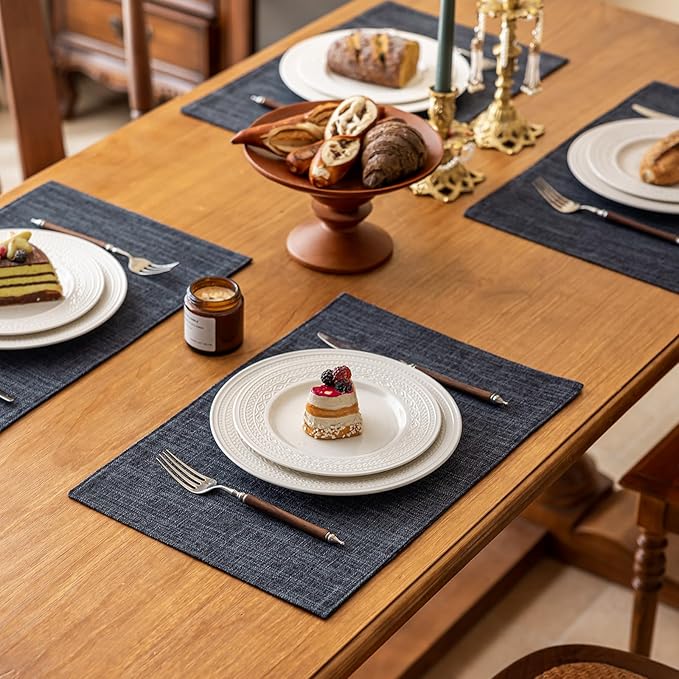 KXN Placemats Set of 6, Dual-Layer Thickened Faux Linen Table Mats, Heat Resistant & Wrinkle-Free, Machine Washable Cloth Place Mats for Kitchen Dining Indoor Outdoor (Dark Grey)