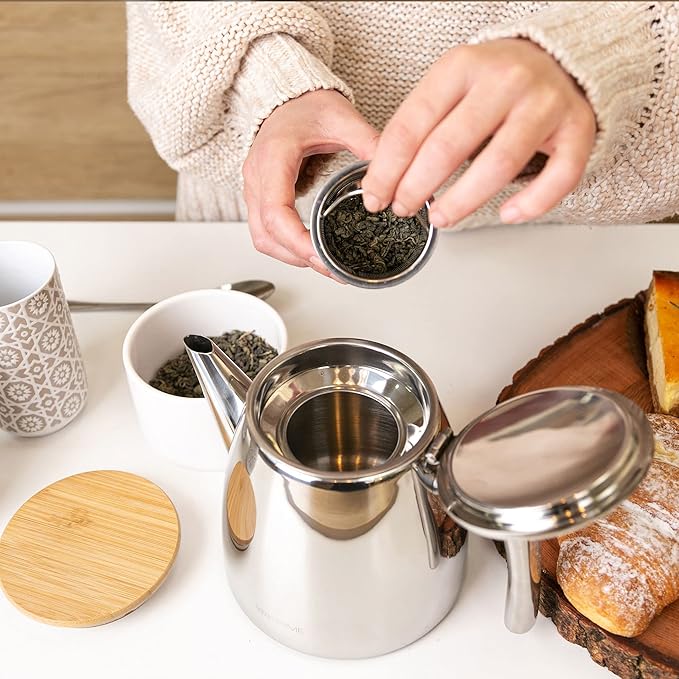 VeoHome Stainless Steel Tea Pot with Infuser - Keeps Heat Thanks to its Double Wall, Silver (0.5 Liter (17 oz))…
