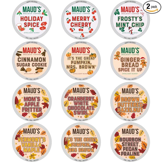 Maud’s Holiday & Fall Flavored Coffee Pods Variety Pack Bundle, 48ct, 11 Assorted Seasonal Flavors, Medium Roast Coffee in Recyclable Single Serve Pods 100% Arabica Coffee, Compatible with Keurig K Cups Maker