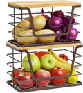 ALOCEO 2 Pack Stackable Wire Storage Basket with Bamboo Lip, Trash Bag Dispenser Under Sink for 4-13 Gal Bags, Kitchen Storage Bins for Potato and Onion, Brown