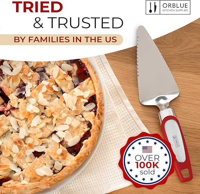 Orblue Pie Server, Essential Kitchen Tool, Serrated on Both Sides, Great for Right or Left Handed Chef, Stainless Steel Flatware, Cake Cutter, Red