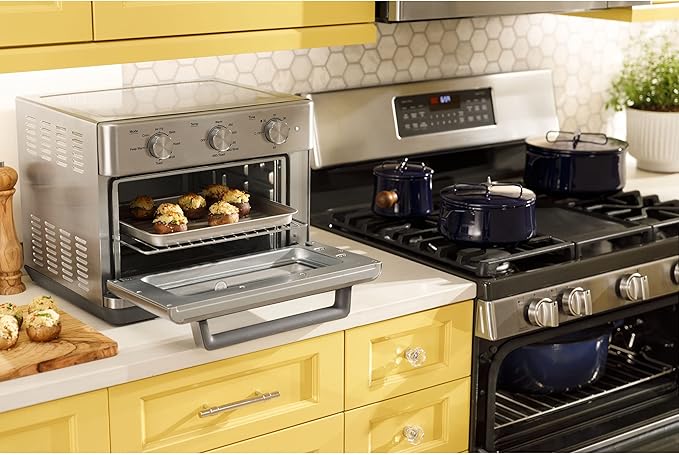 GE Mechanical Air Fryer Toaster Oven + Accessory Set | Convection Toaster with 7 Cook Modes | Large Capacity Oven - Fits 12" Pizza | Countertop Kitchen Essentials | Stainless Steel