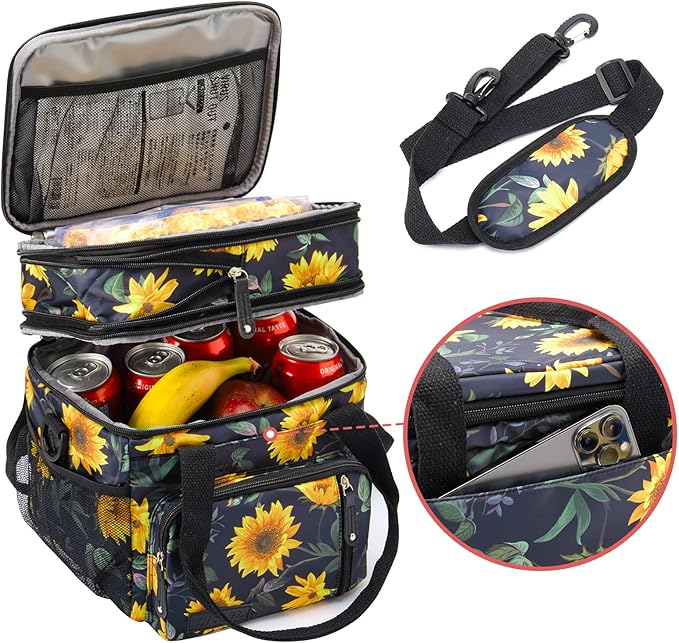 MOV COMPRA Lunch Bag for Women Men Double Deck Lunch Box,Expandable Large Lunch Bags,Leakproof Lunch Box Cooler Bag (Sunflower)