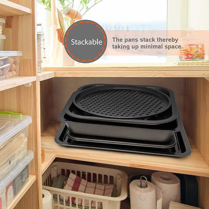 Perlli Baking Pan 10 Piece Set Nonstick Carbon Steel Gray Oven Bakeware Kitchen Set, 2 Cookie Sheets, 2 Round Cake Pans, Square Pan, Roasting Pan, Loaf Pan, Crisp Pan, Pizza Crisper, & Muffin Pan
