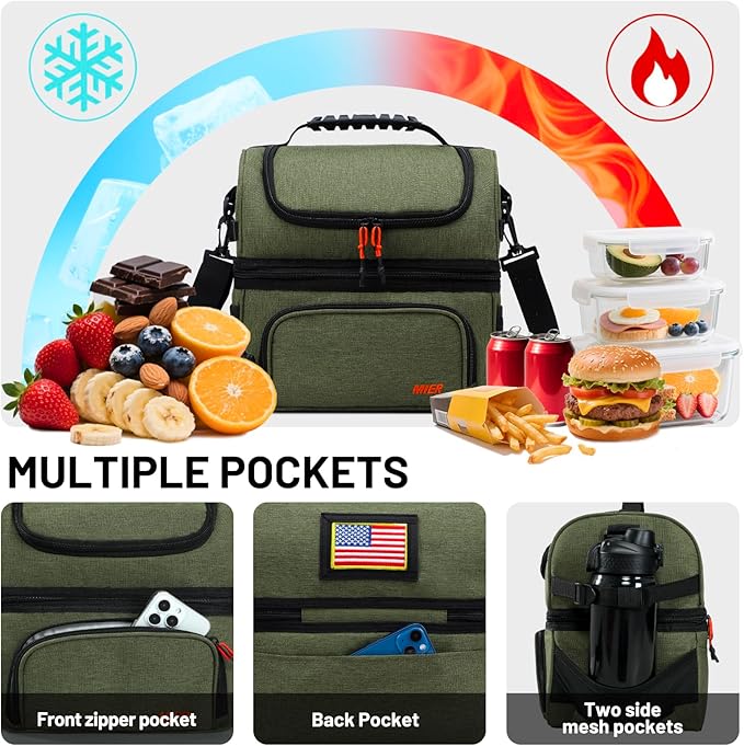 MIER Dual Compartment Lunch Bag Tote with Shoulder Strap for Men and Women Insulated Leakproof Cooler Bag, Army Green